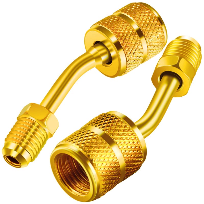 Chinco 2 Pcs R410a Adapter for Mini Split Charging Adapter Vacuum Port with Thimble 5/16 Inch Female Quick Coupler to 1/4 Inch Male Flare for Air Conditioner HVAC Refrigeration (45 Angle) - Image 1